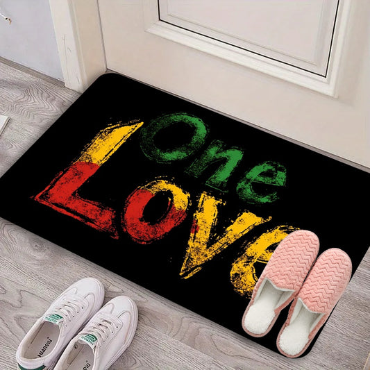 1pc "One Love" Reggae Peace Symbol Mat - Rastafarian Style, Vibrant Black with Multicolor Lettering, Machine Washable Polyester, Ideal for Bedroom, Living Room, Kitchen, Office, Bathroom Decor