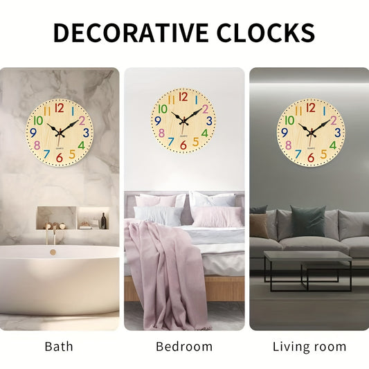 1 Wooden Round Wall Clock, Brown with Colorful Numerals Theme Design, Silent Non-Ticking Movement, Perfect for Home Holiday Decor and Gift-Giving, Stylish Wall Clock, Clocks for Living Room, Wall Clock Acrylic, Oversized Wall