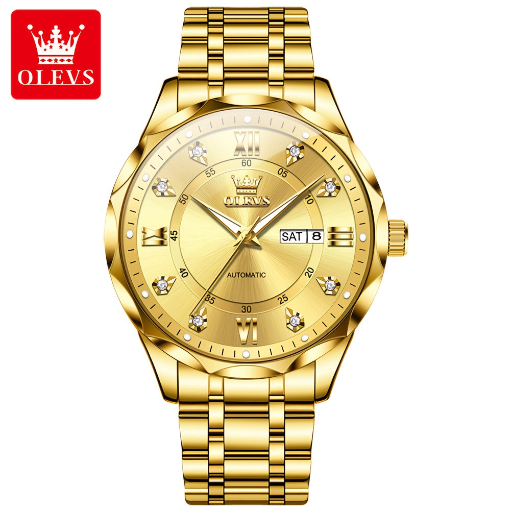 OLEVS Luminous Stainless Steel Automatic Mechanical Watches for Men Brand New Luxury Original Business Golden Men's Wrist Watches Classic Trend Best Selling High Quality Men's Watches,  Classic Design, Premium Materials, Gift