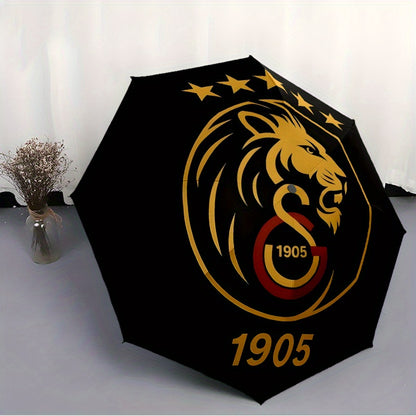 Galatasaray 3D Printed Lion Emblem Automatic Umbrella - Durable 8-Rib Iron Frame, Foldable & Portable for Men & Women, Black with Golden Accents, Perfect for Business, Daily Use & Outdoor Activities, Outdoor Umbrella, Busines