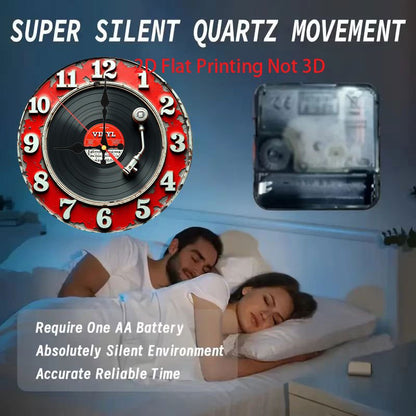2D Flat Room Decor, 1pc, A red and white sign with a microphone and vinyl records, 9.8-inch, 2D Wooden Flat, Silent Wall Clock, Non-Luminous, Wooden Quartz Design, perfect for spiritual homes/ holiday/ Living Room/ Coffee/ Be