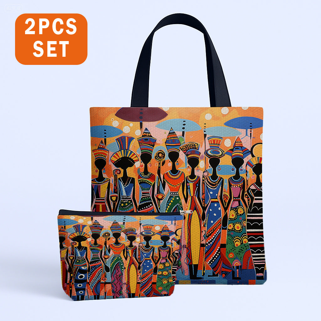 2pcs African Ethnic Pattern Tote Bag Set, Includes Large Capacity Tote Bag and Coin Purse Two-Piece Set. Multifunctional Travel Shopping Shoulder Bag and Makeup Bag (Toiletry Bag), Suitable for Travel, Shopping, Commuting, Pa