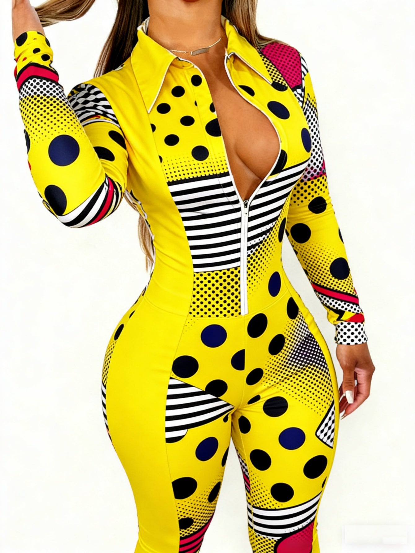 Plus Size - Women Elegant Sexy Slim Fit Animal Striped Front Zipper Jumpsuit | Fashion Printed Onesie, Crew Neck, Slight Stretch Fabric, All-Over Print, Year-Round Versatile Wear for Any Season