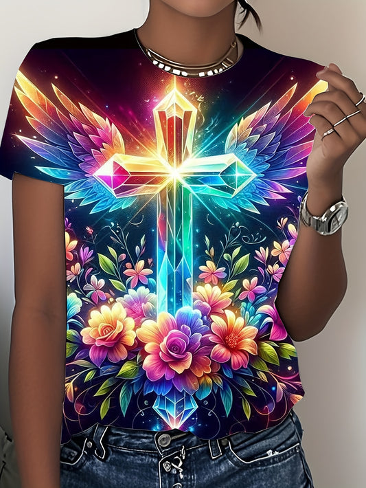 Women's Plus Size Short-Sleeve T-Shirt - Floral Cross Wing Graphic with Color Gradient, Soft Breathable Fabric, Casual Crew Neck Summer Tee, Machine Washable, Everyday Tee, Artistic Tee, Comfortable Fit, Short Sleeve Top, Fas
