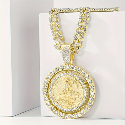 14K Gold Plated Saint Mortule God of Death Pendant Necklace - Rotating Bohemian Religious Medal Jewelry with 3A, Unisex for men & Women, Christmas/Easter Gift, Year-Round Wear (Copper Base)