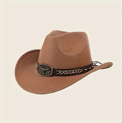 3pcs Unisex Western Cowboy Hats - Wide Brim Sun Protection, Metal Bull Head Buckle & Braided Faux Belt, Vintage Style for Outdoor Riding, Hiking, Rodeo (Black/Brown/White) | Classic Cowboy Style | Faux Fabric