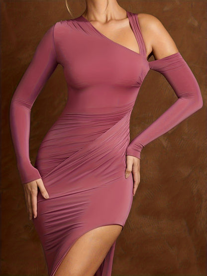Sexy Mauve One-Shoulder Bodycon Maxi Dress with High Slit - Evening Gown, Party Wedding Prom Dress, Machine Washable Thigh-High Split Dress for Spring/Summer Events (Stock Available)