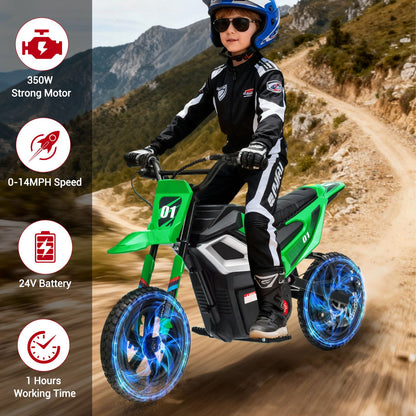 24V 350w Kids Motorcycle, 13. 67 Mph Max Speed Kids Electric Bike, Dirt Bike with Rear Wheel Suspension, Music, 12 Miles Range, Twist Grip Throttle, Metal Suspension, Rubber Tire, Leather Seats