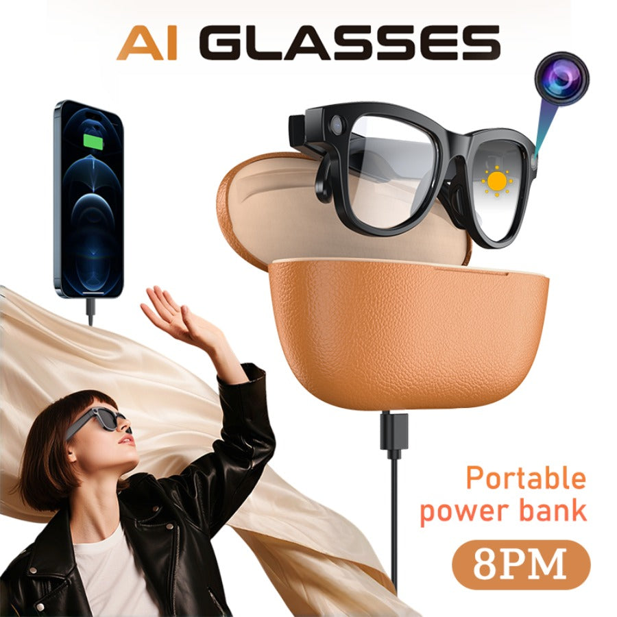 AI Smart Camera Glasses with Charging Case (Power Bank) - 4K HD Recording, Real-Time Translation & Voice Assistant, Smart Glasses for Video Calls, Smartphone Replacement, Portable Translator & ic Charging (-)