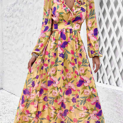 Stylish Floral Dresses with V-Neck, Long-Sleeved& Waist-Cinching Design for A Comfortable Look- Holiday& Casual Outfit for Women