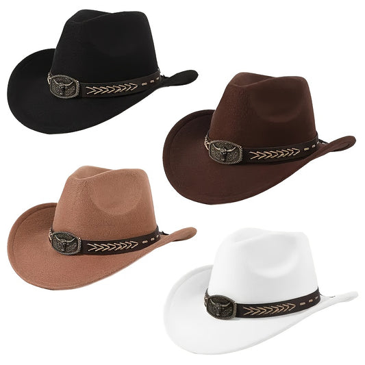 2pcs Western Cowboy Hats for Men & Women - Classic Wide Brim with Metallic Bull Headband, Black PVC-Coated Non-Stretch Fabric, Reinforced Stitching, Hand Wash/Dry Clean - Perfect for Parties, Cosplay, Themed Events & Gifts, C