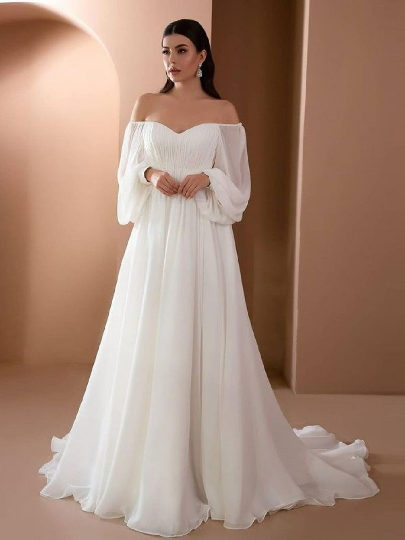Women'S Elegant Vintage-Inspired One-Shoulder/Off-Shoulder Wedding & Party Dress - Long Sleeve A-Line Chiffon Gown with Puff Sleeve & Train Hem, Solid Formal Evening Gown for Spring Summer Fall, Loose Fit A-Line Silhouette, L