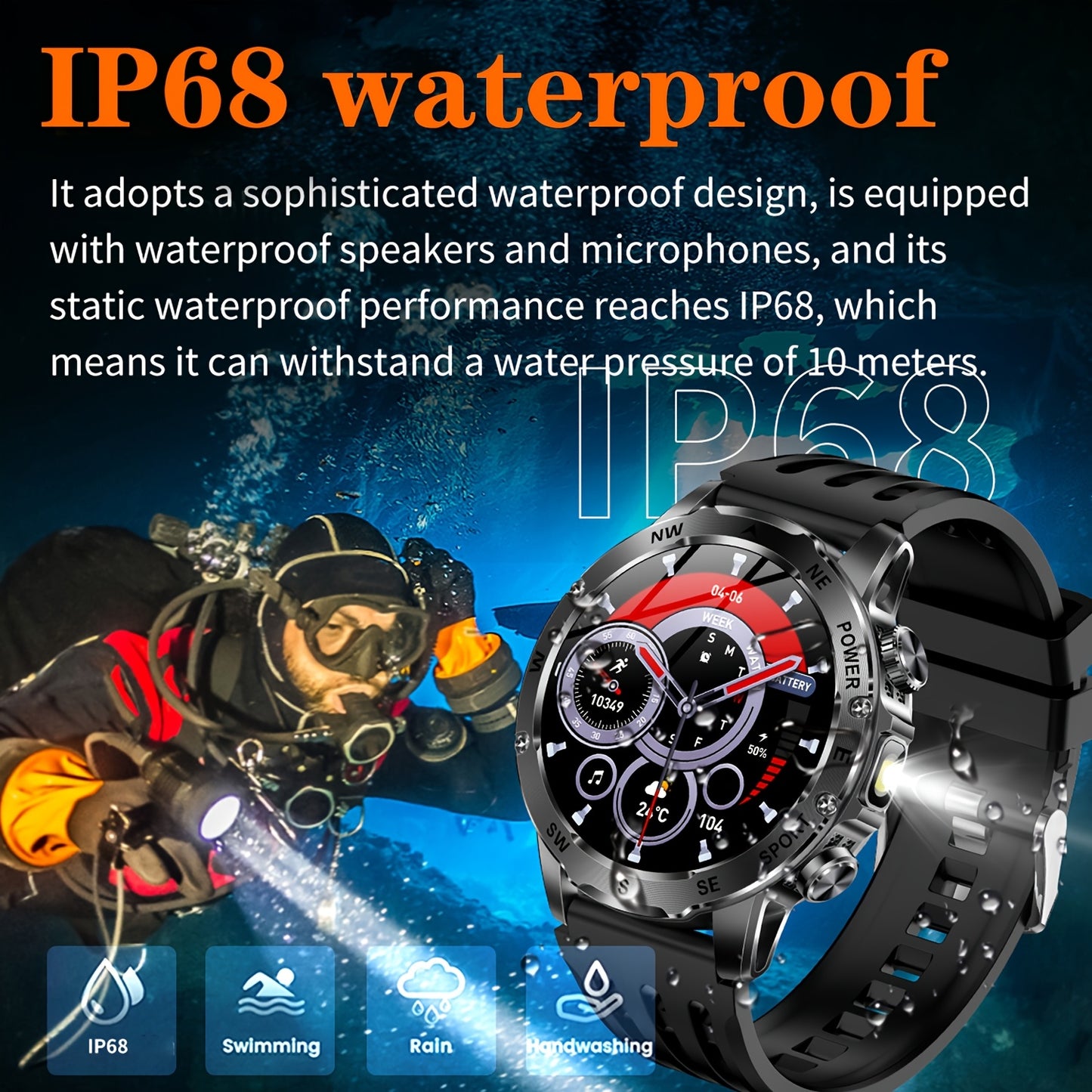 Men'S Smart Watch, Waterproof Smart Watch, Suitable for Outdoor Sports, IP68 Deep Waterproof, Waterproof Speaker, LED Flashlight, Call Answering, Music Control, 800Mah Battery, Compass, Compatible with Iphone And Android Phon