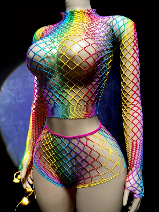 1 set of Women's sexy lingerie set, bright fishnet top, Women's bright rainbow fishnet top, hollow design, elastic nylon, see-through beachwear and swimwear, for music festivals, vacations and summer outings