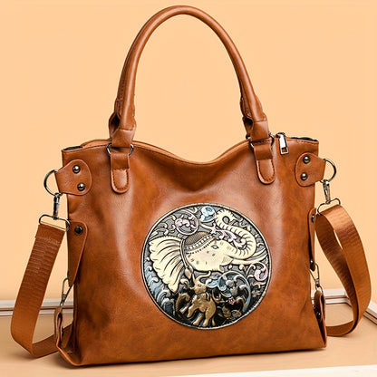 Women'S Large Capacity Tote Bag with Adjustable Strap - Elegant Black & Golden Animal Print (Elephant, Leopard, Lion, Tiger, Dragon) - Durable Synthetic Faux Leather-like Texture, Spacious Everyday Purse for Work, Travel, Ver
