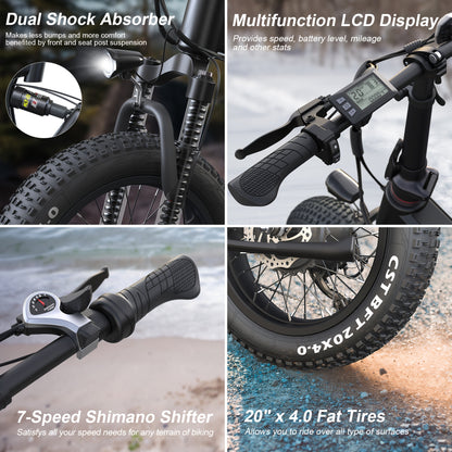 Wooken 20''X 4.0 Fat Tire Electric Bike, 749W Peak Strong Power Electric Bicycle With 48V 10Ah Battery, Professional 7 Speed EBike, Updated LCD Display Electric Dirt Bike, Shock Absorber, Ebike For Mountain Beach Snow