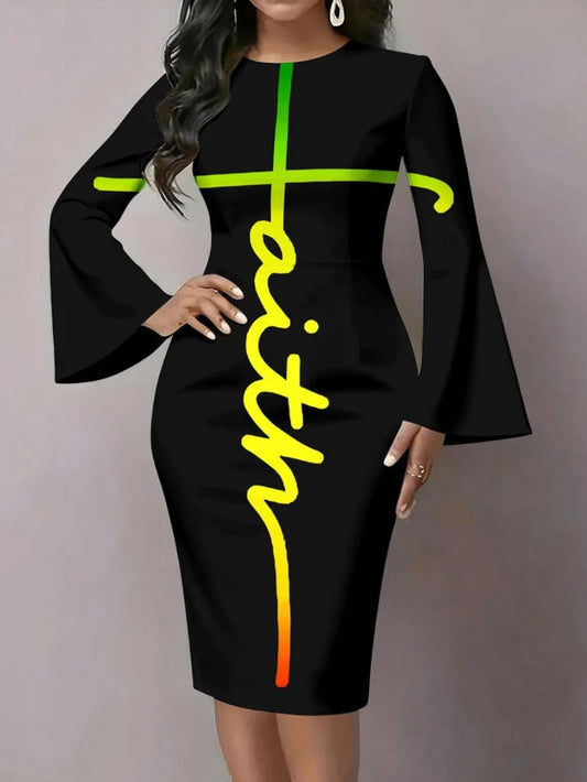 2D Flat Print Women'S Colorful Letter Print Bell Sleeve Bodycon Dress | Sporty and Casual Slim-fit, Elegant and Noble, Retro Ethnic Style, Perfect for Spring/Summer, Slight Stretch Fabric, Ideal for Valentine'S Day or Carniva