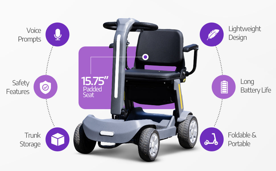Foldable Mobility Scooter for Adults & Senior, 4 Wheels Powered Device for Travel, Lightweight and Portable, with LED Strip Light, Storage Bag, Charger Included, No Assemble Required