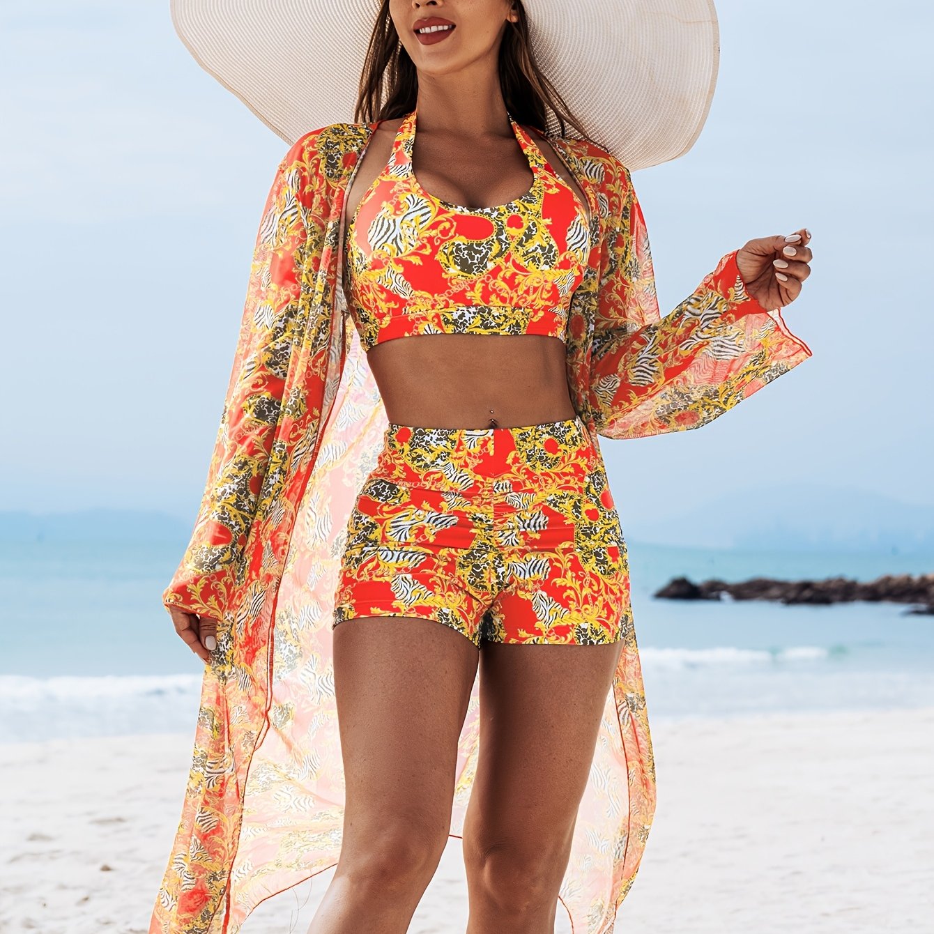 1012 2025 new fashion bikini three-piece blouse, Poolside Attire, Summer Fashion, Chic Blouse, Modern Swimwear, Stretchy Fabric, Breathable Material, Bikini Top, Swim Blouse, Beach Lovers