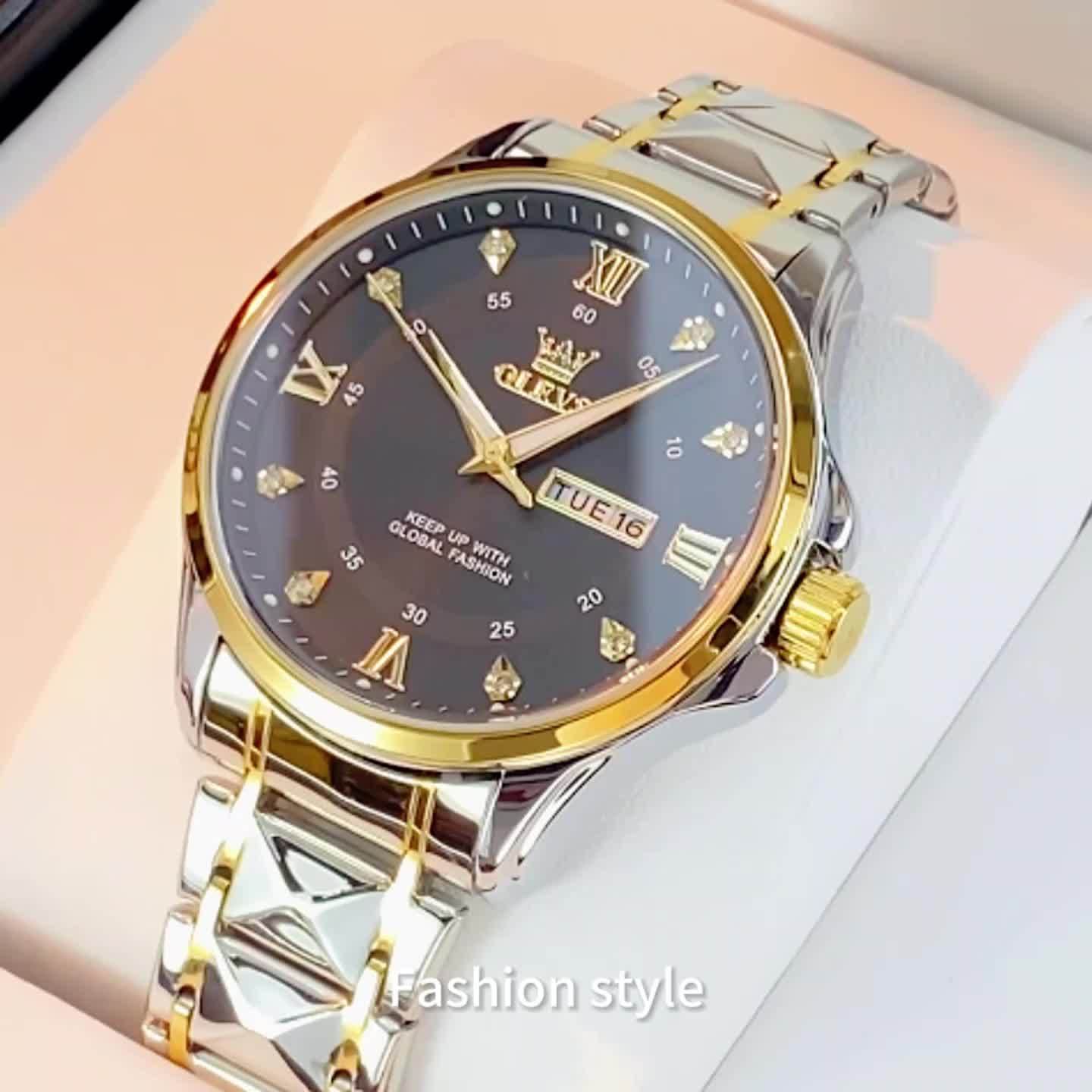OLEVS Men's Luxury Business Chronograph Watch - Stainless Steel Dual Date & Day Calendar, Luminous Hands, Quartz Movement, Black Dial with Golden Accents for Formal & Casual Wear, Professional Timepiece, Sophisticated Style,