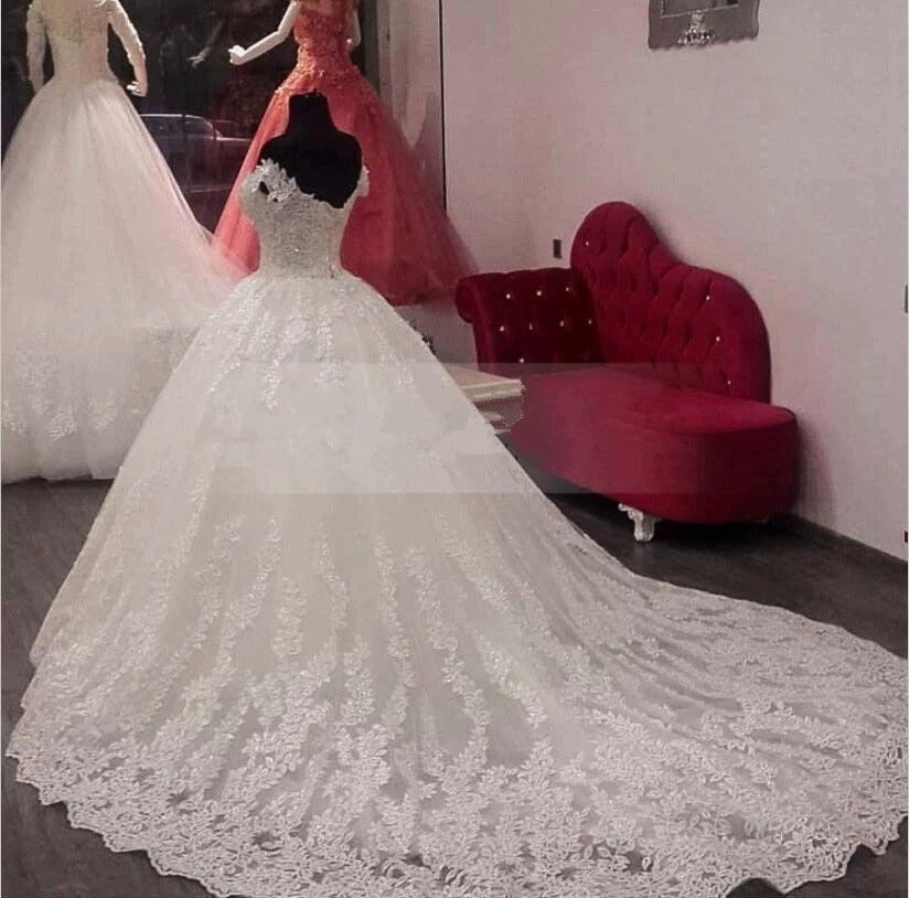 Sweep Train Wedding Dress | New White, Off the Shoulder, Fit and Flare, Elegant Style, Contrast Lace Detail, Perfect for Adult, Covering Belly for Pregnant Women
