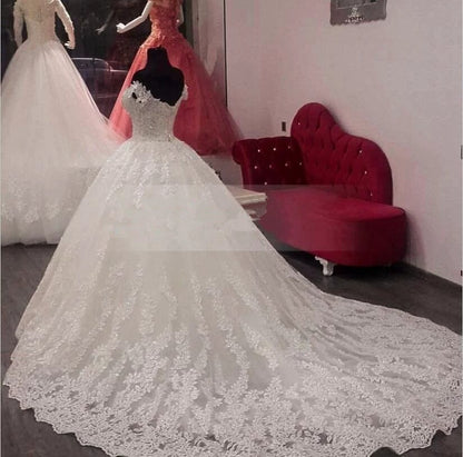 Sweep Train Wedding Dress | New White, Off the Shoulder, Fit and Flare, Elegant Style, Contrast Lace Detail, Perfect for Adult, Covering Belly for Pregnant Women