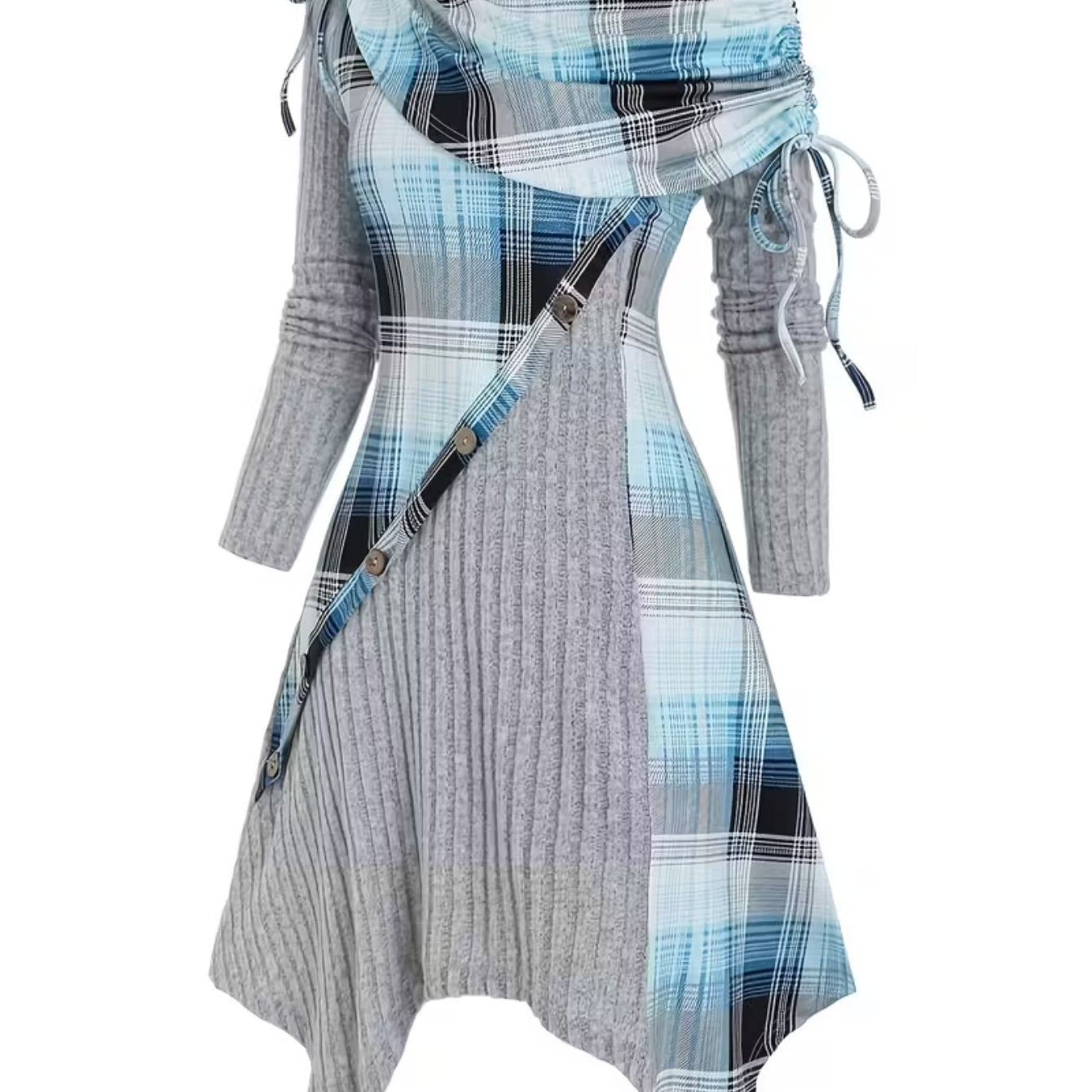 1pc Women's Plaid Patchwork Asymmetrical Dress - Turquoise Blue/Black/White/Gray A-Line Fitted Silhouette with Off-Shoulder/One-Shoulder Neckline & Drawstring Waist, Hand Washable Winter Dress for Casual Outings, Dates & Part
