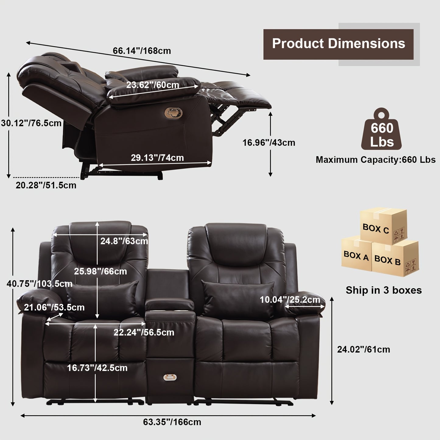 63" Brown Faux Leather Recliner Sofa with Console, Cup Holders, Lumbar Pillow & Storage Pocket - Contemporary Metal Frame Office Chair for Home or Office Use