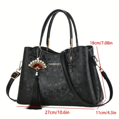 FKTSR Women's Elegant Floral handbag with Tassel - Convertible Shoulder Bag Clutch, Magnetic Closure, Olive Green//Black - Synthetic Leather Purse for Work, Wedding, Party - Perfect Gift for Women, Wedding Accessory, Quilted