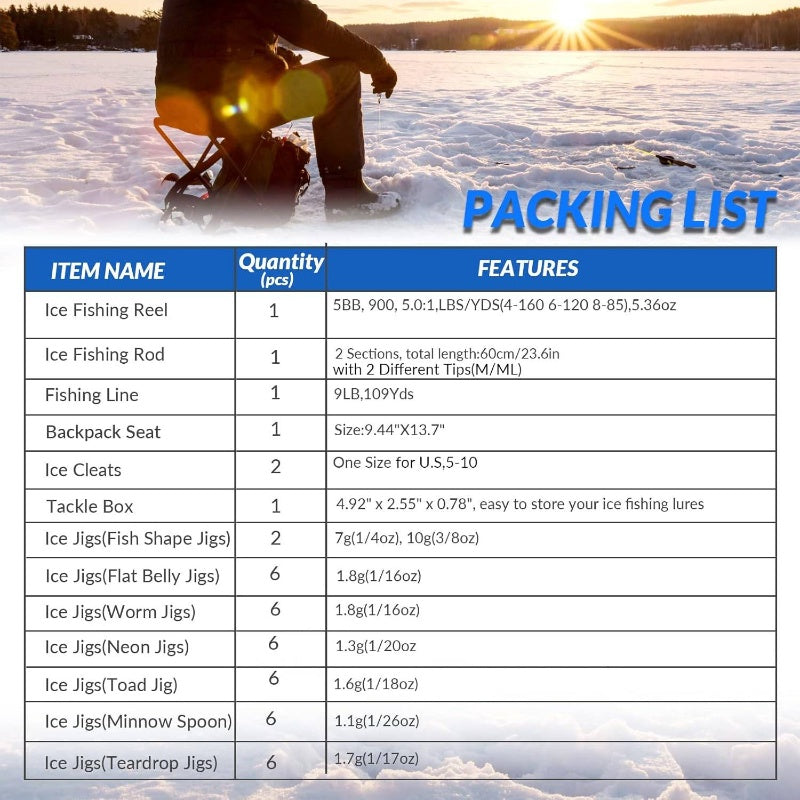 Complete Ice Fishing Rod and Reel Combo Set with Backpack, Seat, Cleats, Jigs, Line - 24/26, Medium-Light Power, Right-Handed, Fast Action, Fluorosint 500 PTFE, Ideal for Winter Fishing, Ice Fishing Gear | Camouflage Backpack