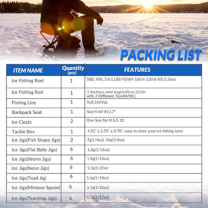 Complete Ice Fishing Rod and Reel Combo Set with Backpack, Seat, Cleats, Jigs, Line - 24/26, Medium-Light Power, Right-Handed, Fast Action, Fluorosint 500 PTFE, Ideal for Winter Fishing, Ice Fishing Gear | Camouflage Backpack