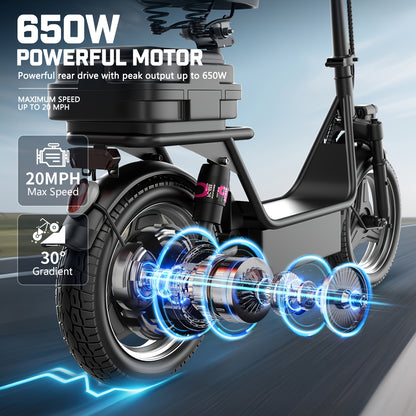 K12 650W Electric Scooter, 48V 15Ah, 14" Pet Escooter With Cushioned Seat, With Large Capacity Basket And BOX (Removable), Adults And Teens, 300lbs Max Load