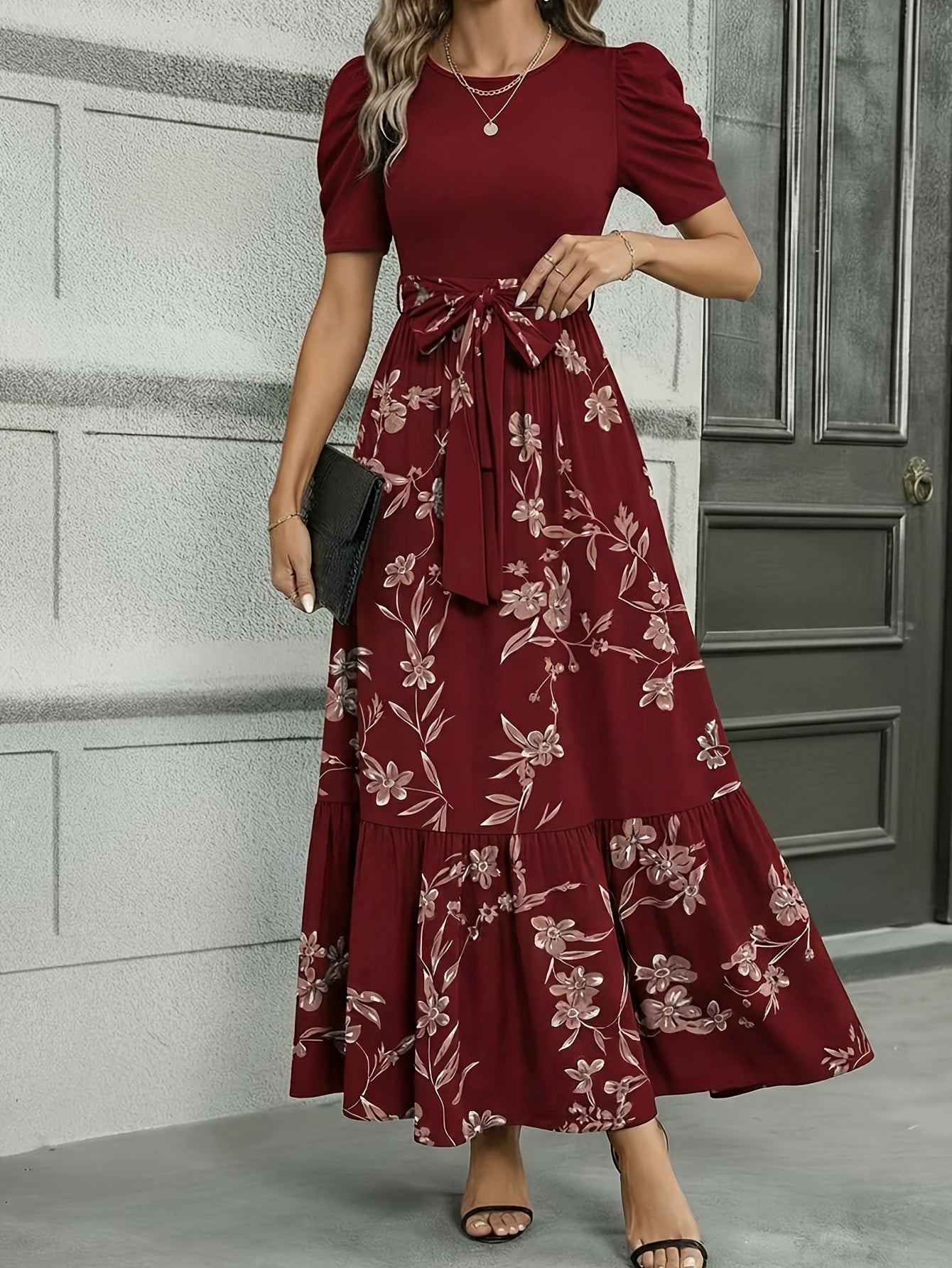 Women'S Floral Cinched-Waist Casual Long Dress, Suitable for Light Business Gatherings | Weekend Afternoon Tea And Similar Occasions, Elegant And Refined.