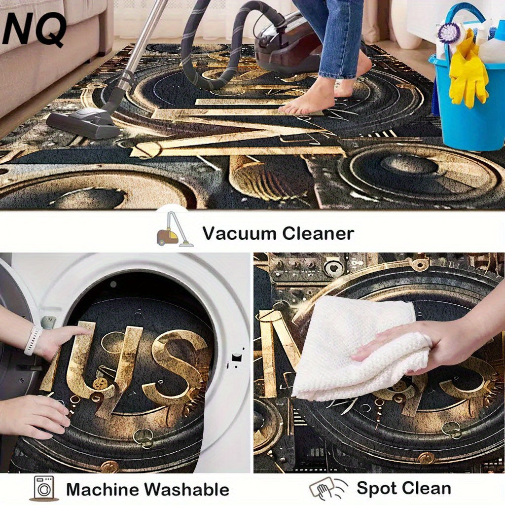 Stylish Music Decor - Music-Themed DJ-Inspired - Large Rectangular Mat with Sound Wave & Speaker Design - Heavyweight 850gsm Mat - 5mm Thick Non-Slip Backing - Machine Washable - Black & Golden Music Note Floor Mat - For Livi