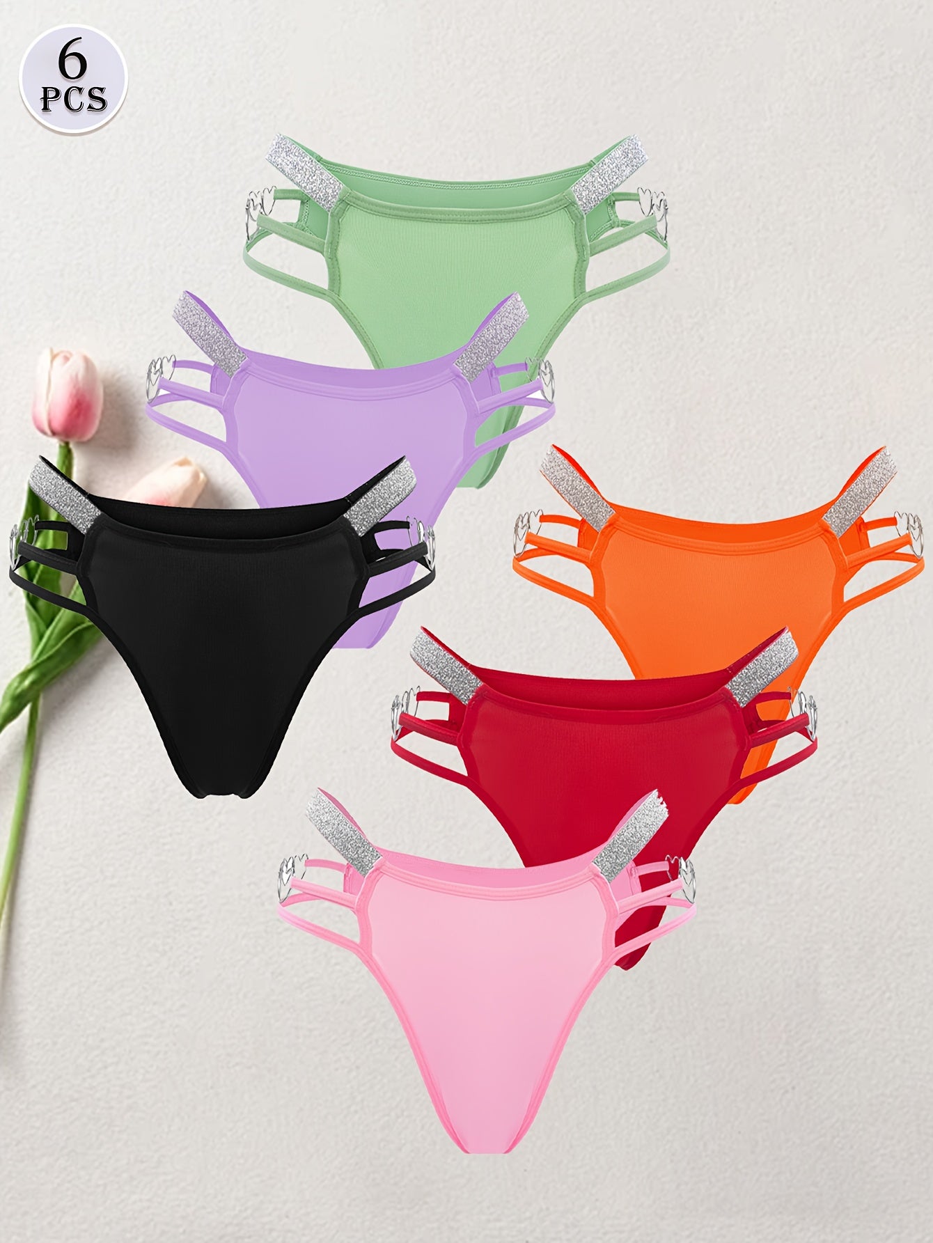 6pcs Women's Sexy Bikini Panties, Mixed Colour Heart Chain, Hollow Out, Glitter Waistband Elegant Luxury Thong, Romantic Dating & Party & Casual Attire Underwear, Women's G-string & Briefs