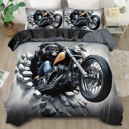 2/ 3pcs Quilt Cover Set, Motorcycle Skeleton Print Duvet Cover Set, King Queen Style Bedding Set, Polyester Machine Washable, Quilt Decoration, Bedroom Guest Room, Birthday Gift (Includes 1 Duvet Cover + 1 or 2 Pillowcases, N
