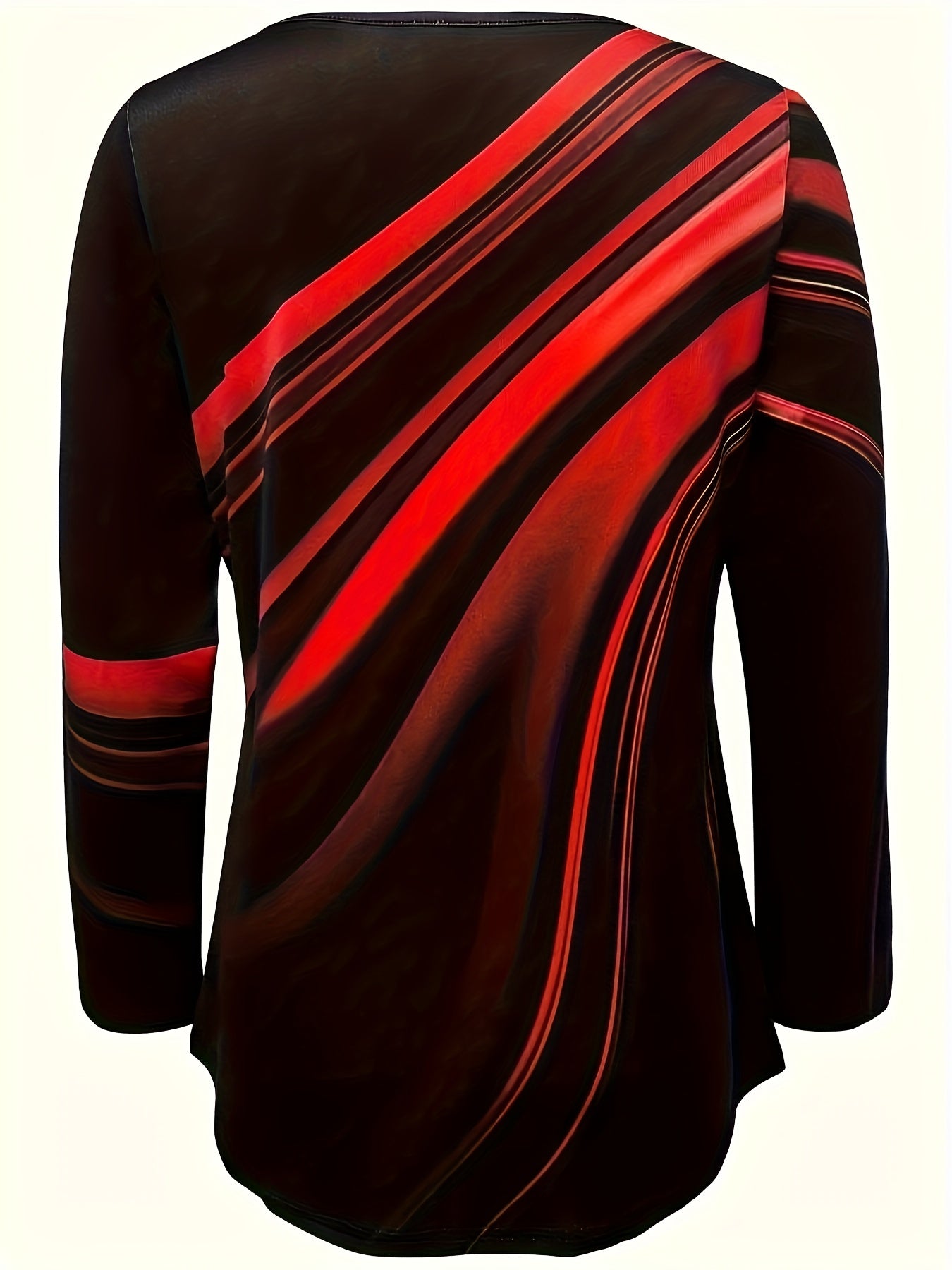 Women'S Relaxed Fit Geometric Stripe Print Round Neck Long Sleeve T-Shirt - Soft Plush Fabric, Black & Red Horizontal Stripes, Spring/Autumn Layering Essential, Casual to Semi-Formal Versatile Top, Comfortable Everyday Basic