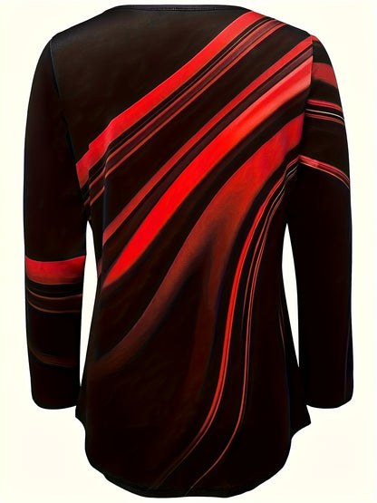 Women'S Relaxed Fit Geometric Stripe Print Round Neck Long Sleeve T-Shirt - Soft Plush Fabric, Black & Red Horizontal Stripes, Spring/Autumn Layering Essential, Casual to Semi-Formal Versatile Top, Comfortable Everyday Basic