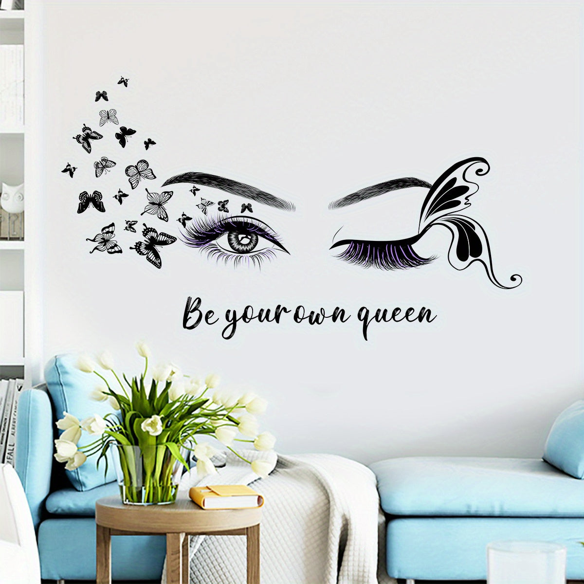 Female Eye & Butterfly Wall Sticker with Queen Slogan - Black & White Elegant Eyelash Mascara-Like Design, "Be Your Own Queen" PVC Decal for Room,, Bedroom, Living Room Decor - Easy Peel & Stick