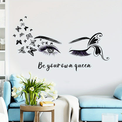 Female Eye & Butterfly Wall Sticker with Queen Slogan - Black & White Elegant Eyelash Mascara-Like Design, "Be Your Own Queen" PVC Decal for Room,, Bedroom, Living Room Decor - Easy Peel & Stick