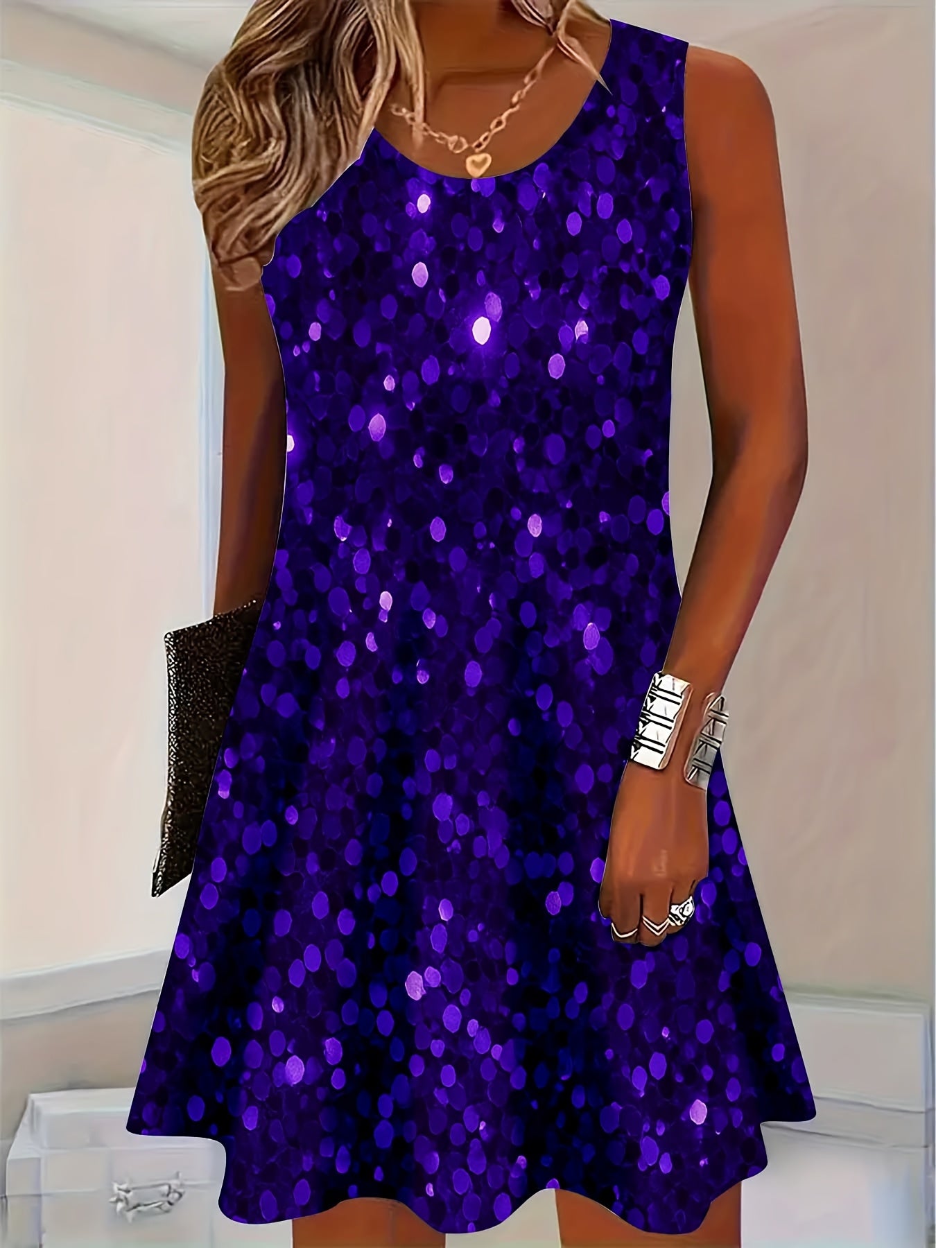 Purple Sequin Sleeveless Dress with Polka Dot Pattern for Party And Evening Events