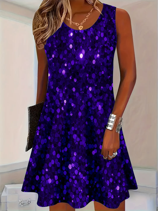 Purple Sequin Sleeveless Dress with Polka Dot Pattern for Party And Evening Events
