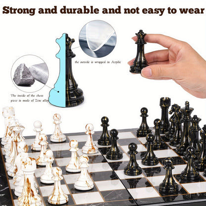 15" Large Chess Set for Adults with Weighted Acrylic Chess Pieces 3.5" King & Portable Folding Marbling Wooden Chess Travel Chess Sets Family Game Gift Elegant Classic Chess Game