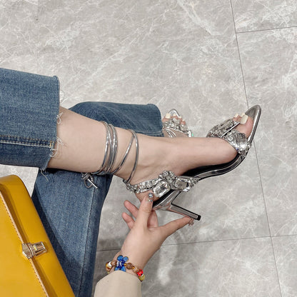 Women'S Rhinestone-Adorned Cross Strap Open-Toe High Heel Sandals - Ultra-High Stiletto Heels, PU Cover Upper & Lining, European & American Style Elegant Party & Formal Dress Shoes with Cushioned Insole, Durable Rubber Sole -