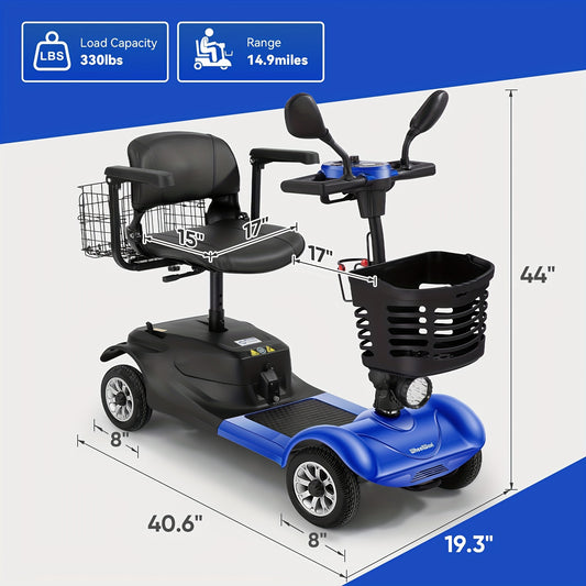 Heavy-Duty 4-Wheel Mobility Scooter for Seniors & Adults - 250W Motor, 14.9-Mile Range, 330LBS Load | 8" All-Terrain Solid Tires, Foldable Lightweight | Dual-Power Battery, Rearview Mirror, Indoor/Outdoor Use, Trunk Storage |
