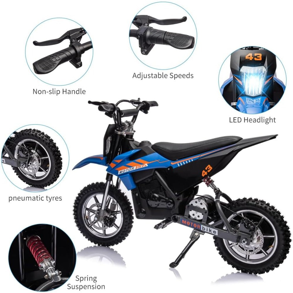 36V Electric Dirt Bike for Kids 13-16 Years, 15.5 MPH High-Speed Off-Road Motorcycle with 350W/500W Motor (Brushless/Brushed), 175 lbs Capacity, All-Terrain ATV-Like Bike, Front/Rear Brakes & LED (-)