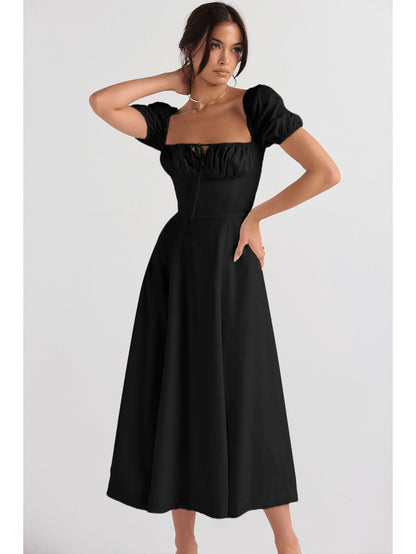 Elegant Puff Sleeve Tie-Waist Dress | High Waist Design, Off the Shoulder, Solid Color, Flared Hem, Midi Length for Spring/Summer Fashion