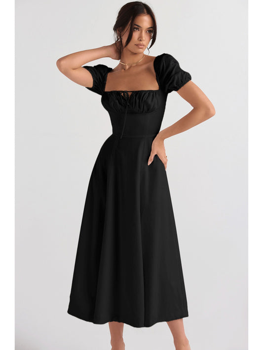 Elegant Puff Sleeve Tie-Waist Dress | High Waist Design, Off the Shoulder, Solid Color, Flared Hem, Midi Length for Spring/Summer Fashion