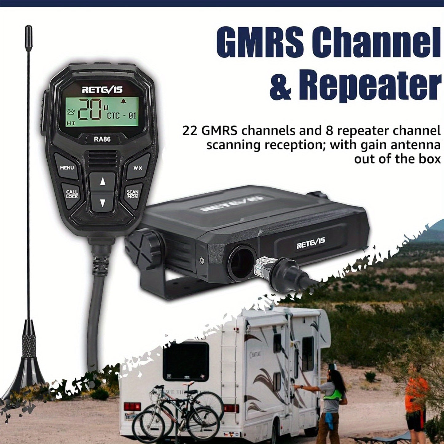 Retevis RA86 GMRS Mobile Radio with Antenna, NOAA Weather Alert, Repeater Channels, Dual Speaker, Off-Road Overlanding for JEEP Tractor Gear, Long Range Two-Way Radio with Integrated Microphone, Emergency Communication, Rugge