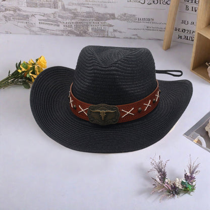 Men Women Straw Cowgirl Hat Wide Brim Stylish Bull Head Leather Belt Design Western Cap for Beach Daily Life Party